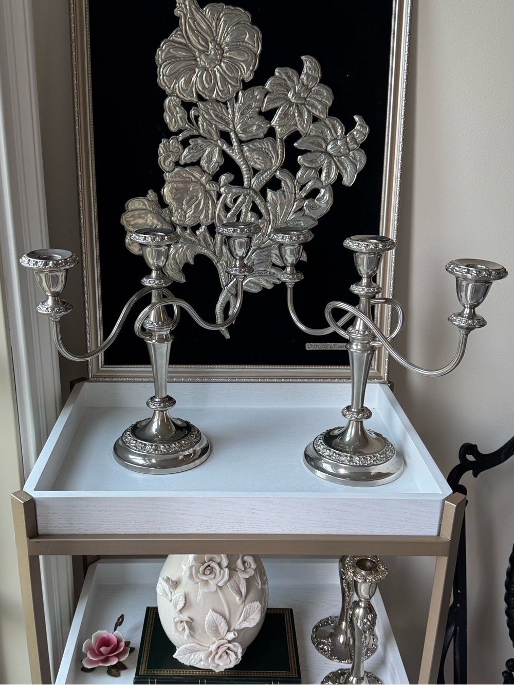 Silver Three-Arm Candelabra Pair - Elegant Silver Candle Holders